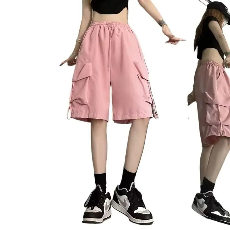 2026 Women High  Fashion Female Big Pocket Loose Shorts New Waist Cargo Shorts American Style Streetwear Summer Wide Leg Pants