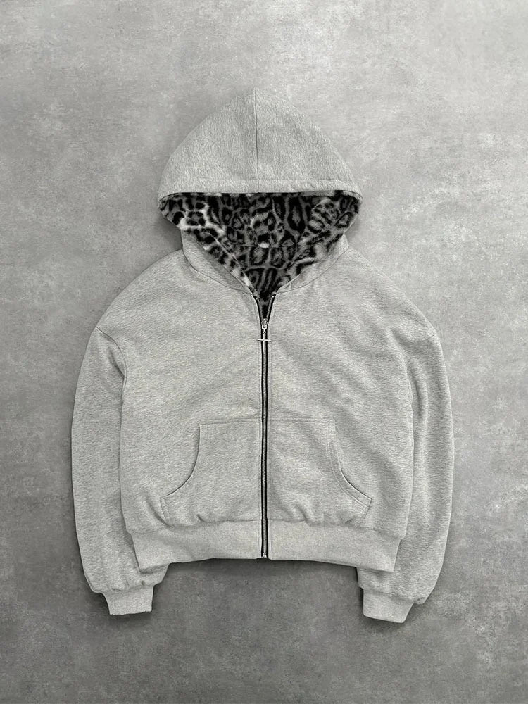 Oversized Gothic Harajuku Women Men autumn winter hoodie Coat Casual retro leopard print zipper hoodie loose personalized top