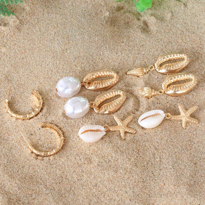 4 Pairs Bohemia Shell Starfish Dangle Earring Set For Women Summer Beach Pearl Conch Drop Earring Girls Boho Jewelry Accessories