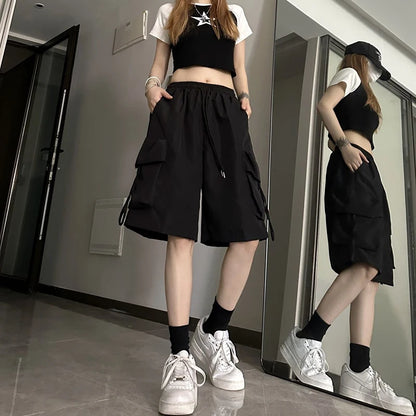 2026 Women High  Fashion Female Big Pocket Loose Shorts New Waist Cargo Shorts American Style Streetwear Summer Wide Leg Pants