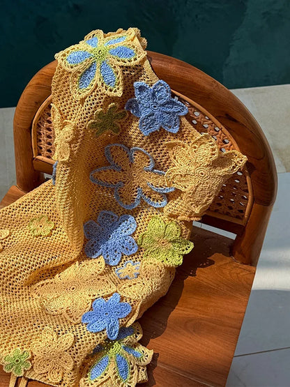 Colorful Flowers Embroidery Crochet Knitted Mini Dress Women Hollow Out Strap Backless Sleeveless Dresses Street Vacation Party