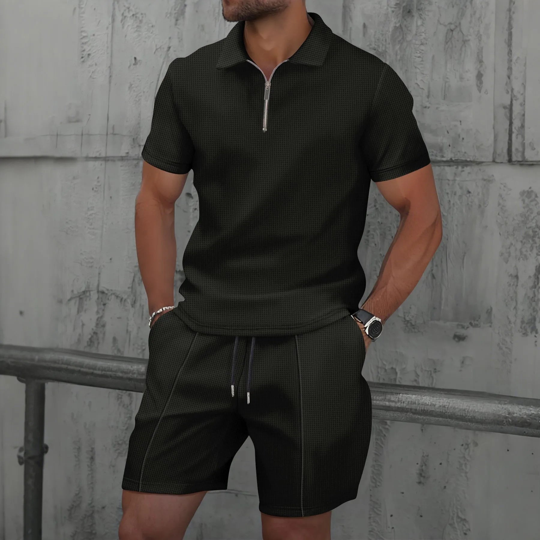 Waffle Zip-Up Polo