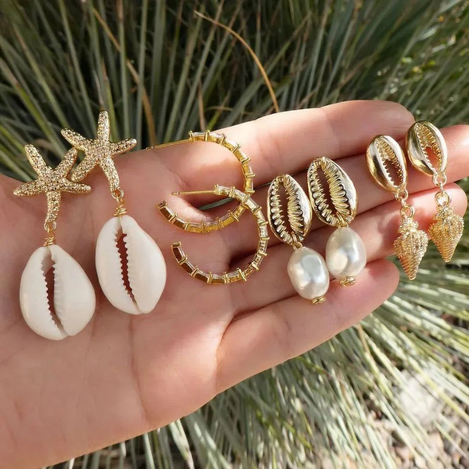 4 Pairs Bohemia Shell Starfish Dangle Earring Set For Women Summer Beach Pearl Conch Drop Earring Girls Boho Jewelry Accessories
