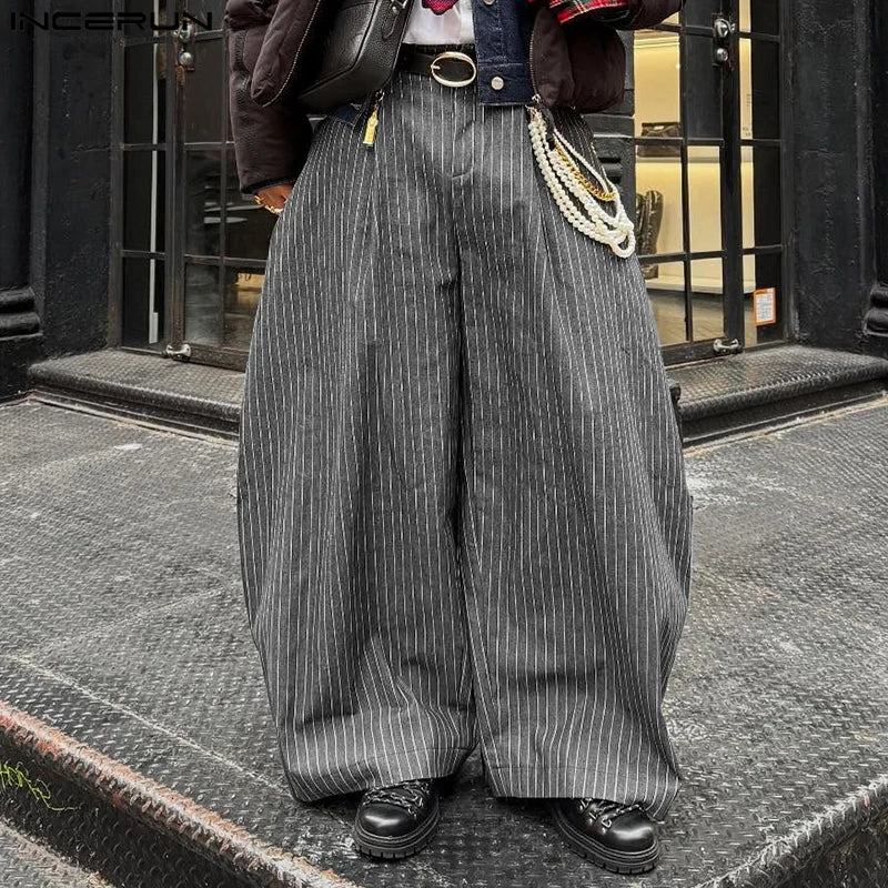 INCERUN Men's Wide Leg Pants Striped Joggers Oversize Button Casual Trousers Men Streetwear 2025 Fashion Loose Long Pants S-5XL