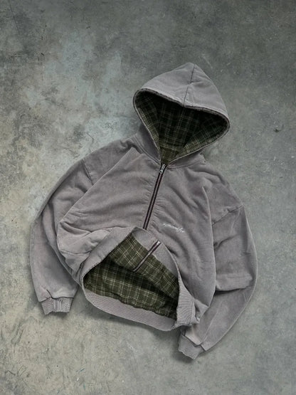 American Street Retro Reversible Plaid Fashion Zipper Hoodie Men New Harajuku Y2K Heavy Wash Casual Street Sweatshirts Women
