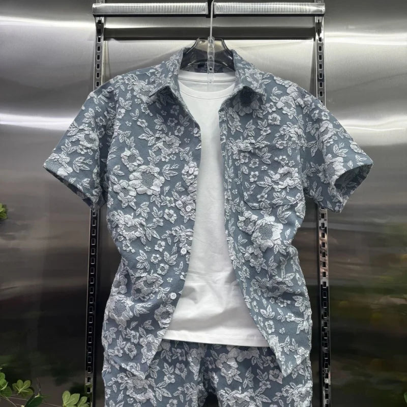 2026 New Summer Fashion Men's Casual Set Embossed Jacquard Lapel Short Sleeve Shirt Shorts 2 Piece Outfit Lightweight