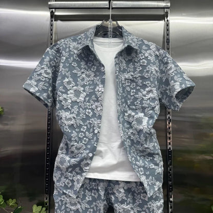 2026 New Summer Fashion Men's Casual Set Embossed Jacquard Lapel Short Sleeve Shirt Shorts 2 Piece Outfit Lightweight