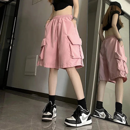 2026 Women High  Fashion Female Big Pocket Loose Shorts New Waist Cargo Shorts American Style Streetwear Summer Wide Leg Pants