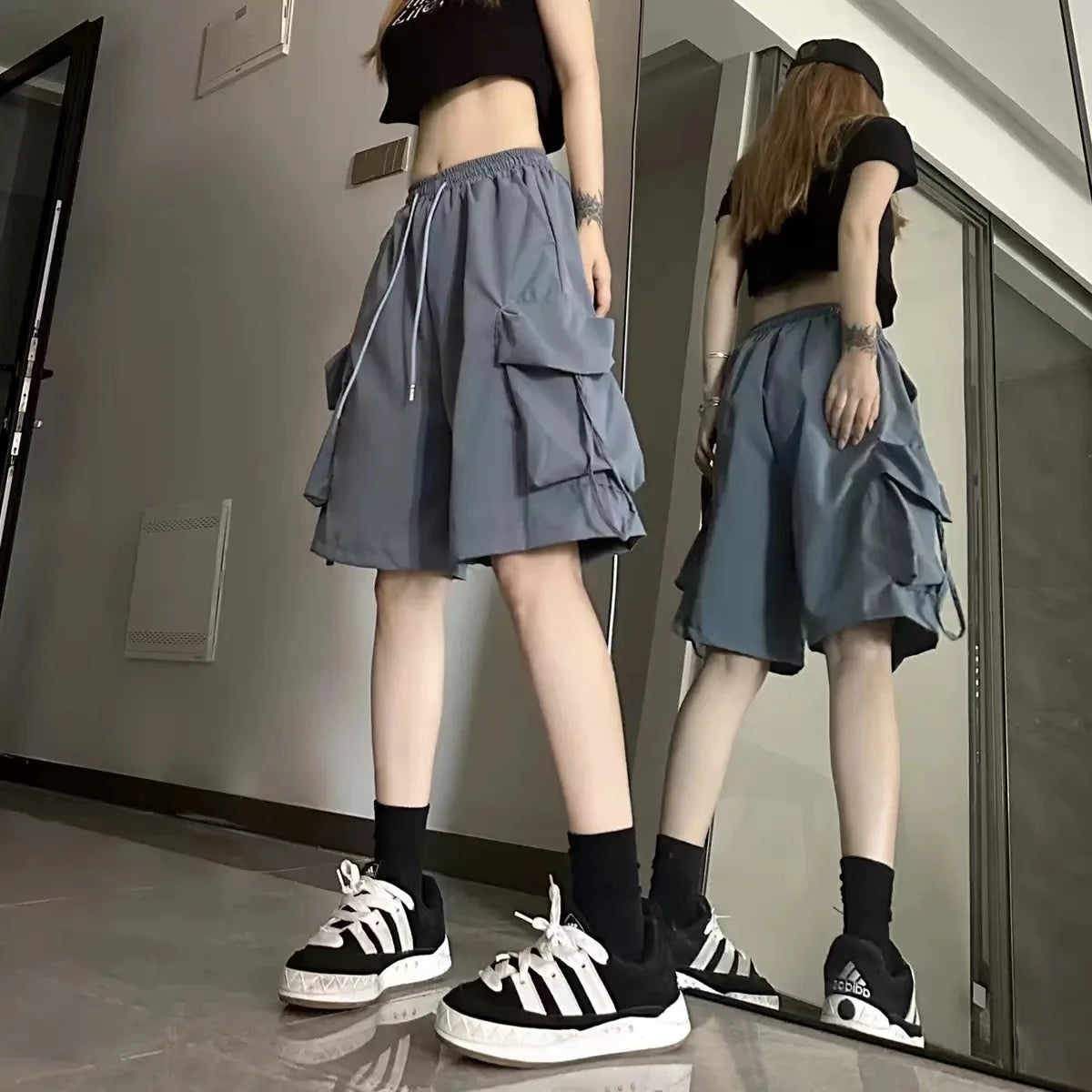 2026 Women High  Fashion Female Big Pocket Loose Shorts New Waist Cargo Shorts American Style Streetwear Summer Wide Leg Pants