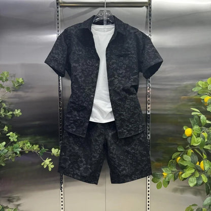 2026 New Summer Fashion Men's Casual Set Embossed Jacquard Lapel Short Sleeve Shirt Shorts 2 Piece Outfit Lightweight
