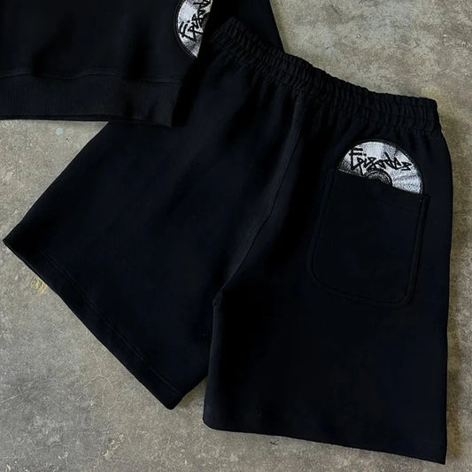 Shorts américains créatifs à motif CD brodé, coupe droite ample, style décontracté Y2K, hip-hop, streetwear pour l'été.