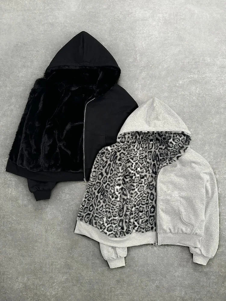 Casaco com capuz oversized estilo gótico Harajuku unissexo para outono/inverno, com estampado de leopardo retro casual, fecho, corte solto e personalizável.