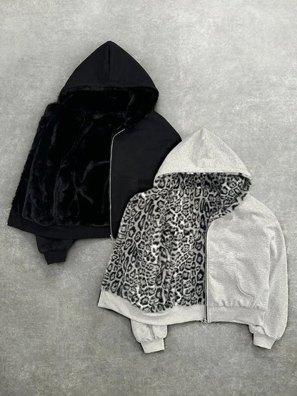 Oversized Gothic Harajuku Women Men autumn winter hoodie Coat Casual retro leopard print zipper hoodie loose personalized top