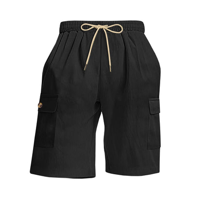 Men's Summer Corduroy Cargo Shorts Casual Multi-Pocket Drawstring Waist Breathable Sports Beach 5-Point Pants Loose Fit Trousers