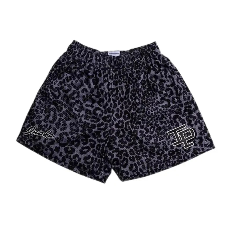 Summer Men's INAKA IP Leopard Print Mesh Shorts Elastic Waist Drawstring Breathable Quick Dry Gym Workout Fitness Casual Pants