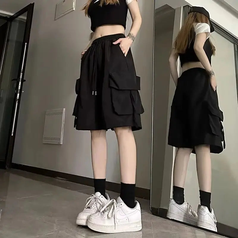 2026 Women High  Fashion Female Big Pocket Loose Shorts New Waist Cargo Shorts American Style Streetwear Summer Wide Leg Pants