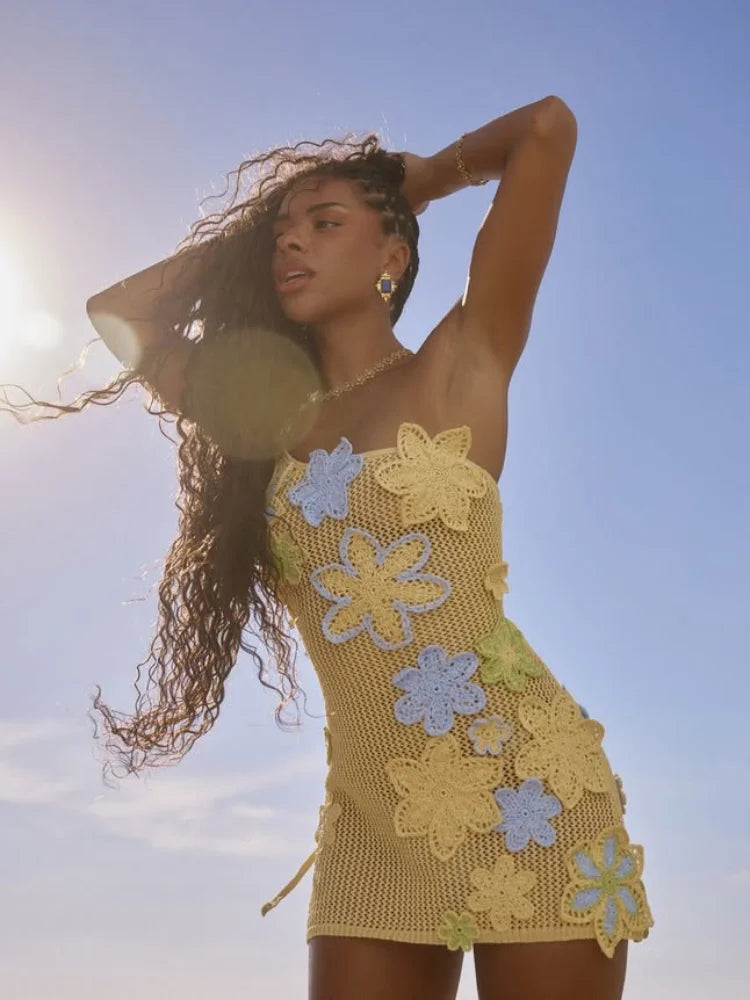 Colorful Flowers Embroidery Crochet Knitted Mini Dress Women Hollow Out Strap Backless Sleeveless Dresses Street Vacation Party