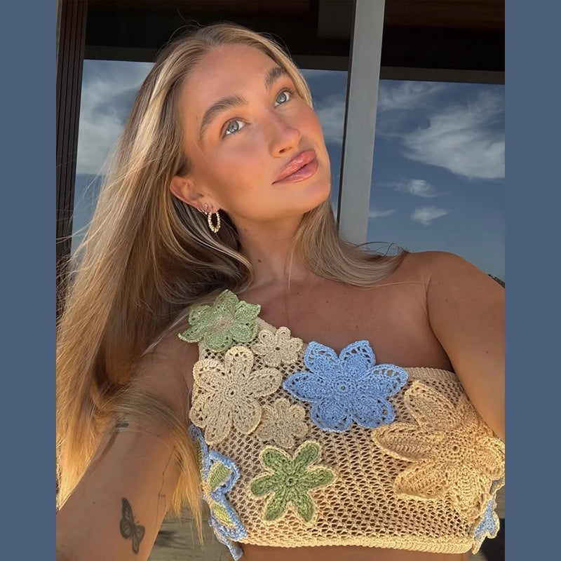 Colorful Flowers Embroidery Crochet Knitted Mini Dress Women Hollow Out Strap Backless Sleeveless Dresses Street Vacation Party