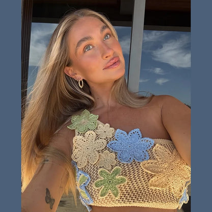 Colorful Flowers Embroidery Crochet Knitted Mini Dress Women Hollow Out Strap Backless Sleeveless Dresses Street Vacation Party