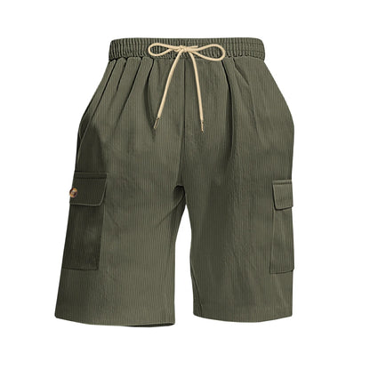 Men's Summer Corduroy Cargo Shorts Casual Multi-Pocket Drawstring Waist Breathable Sports Beach 5-Point Pants Loose Fit Trousers