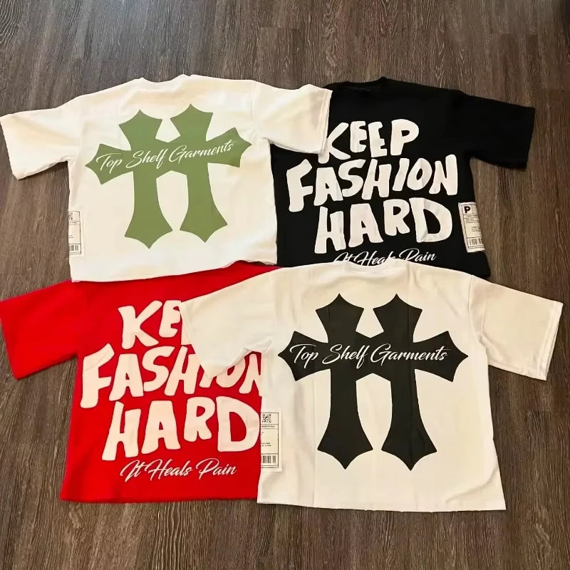Graphic Round Neck Pure Cotton High Street New Women Printed T-shirt Trendy Brand Loose Casual Couple American Harajuku Y2k Tops