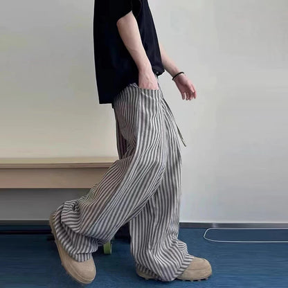 UNITIM Man Wide Leg Pant Vintage Thin Breathable Striped Men Trousers Streetwear Loose Drawstring Casual Versatile Male Pant