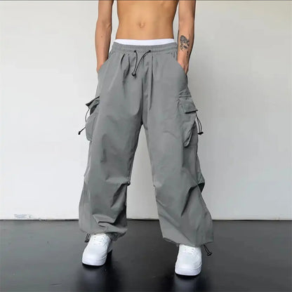 Black Men's Hip Hop Cargo Pants Casual Summer Solid Multiple Pockets Trousers Cool Ribbons Techwear Hip Hop Sweatpants Boys