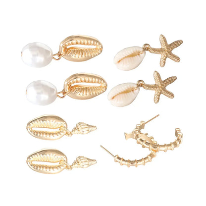 4 Pairs Bohemia Shell Starfish Dangle Earring Set For Women Summer Beach Pearl Conch Drop Earring Girls Boho Jewelry Accessories