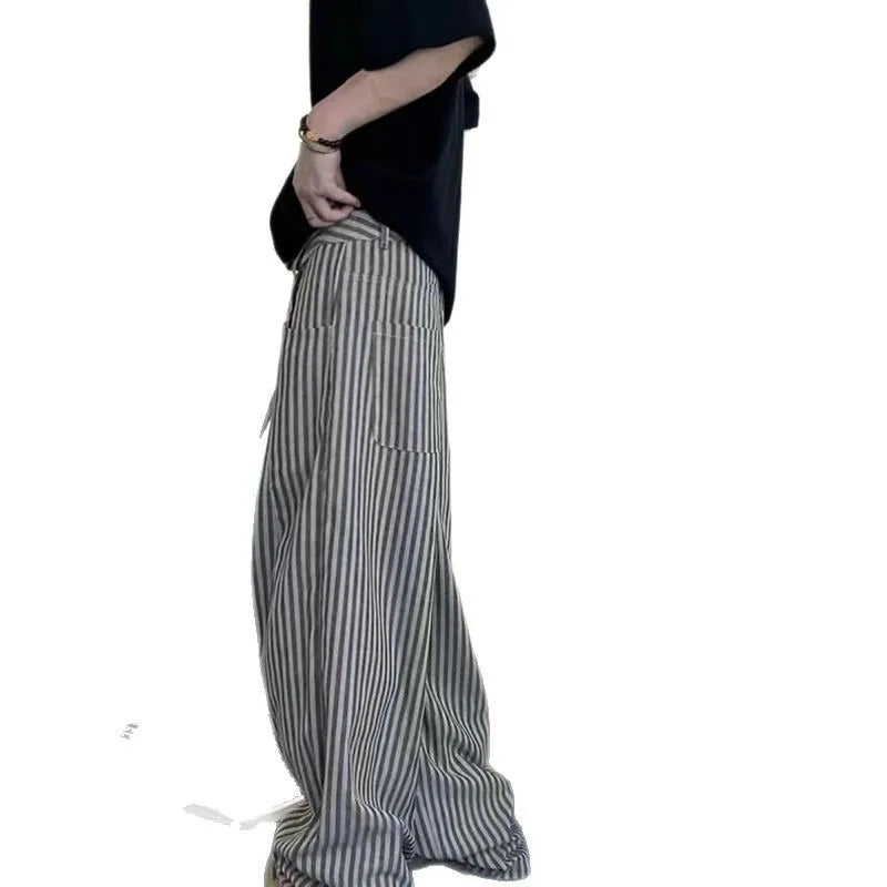 UNITIM Man Wide Leg Pant Vintage Thin Breathable Striped Men Trousers Streetwear Loose Drawstring Casual Versatile Male Pant