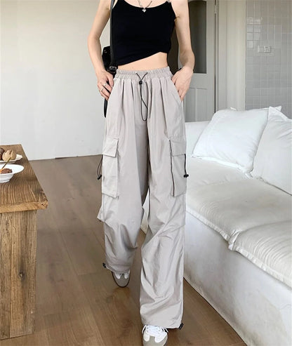 Black Men's Hip Hop Cargo Pants Casual Summer Solid Multiple Pockets Trousers Cool Ribbons Techwear Hip Hop Sweatpants Boys