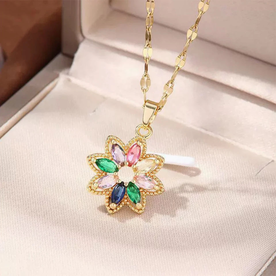 ZAKOL New Fashion 7 Colors Rainbow Zircon Crystal Flower Pendant Necklaces For Women Stainless Steel Chain Necklace Accessories