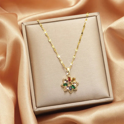ZAKOL New Fashion 7 Colors Rainbow Zircon Crystal Flower Pendant Necklaces For Women Stainless Steel Chain Necklace Accessories