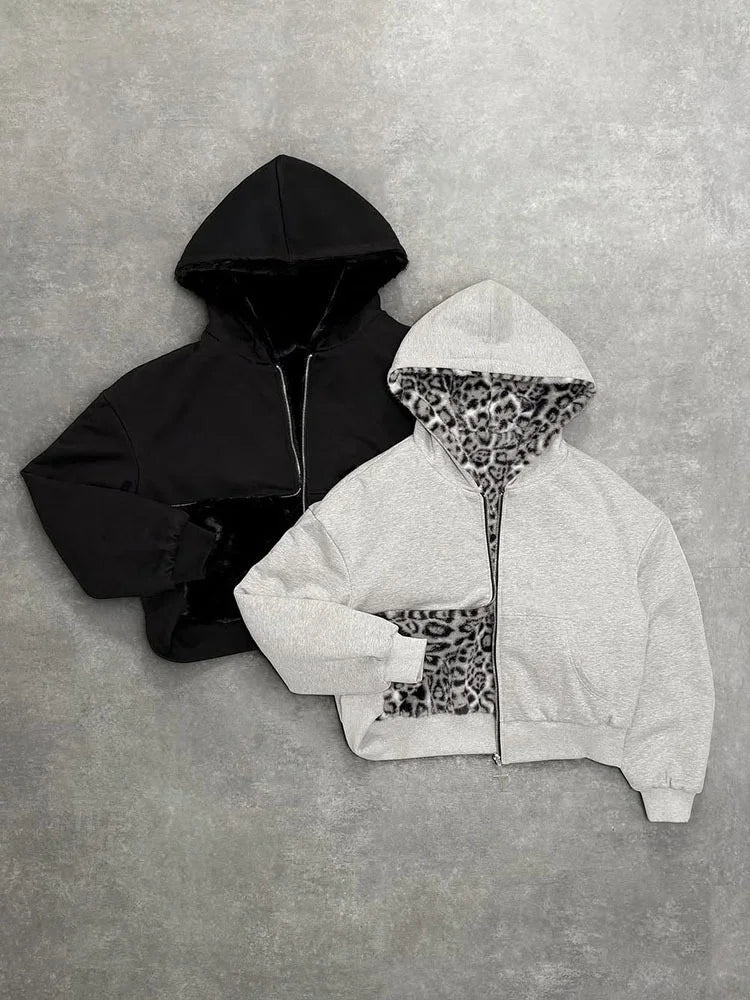 Oversized Gothic Harajuku Women Men autumn winter hoodie Coat Casual retro leopard print zipper hoodie loose personalized top