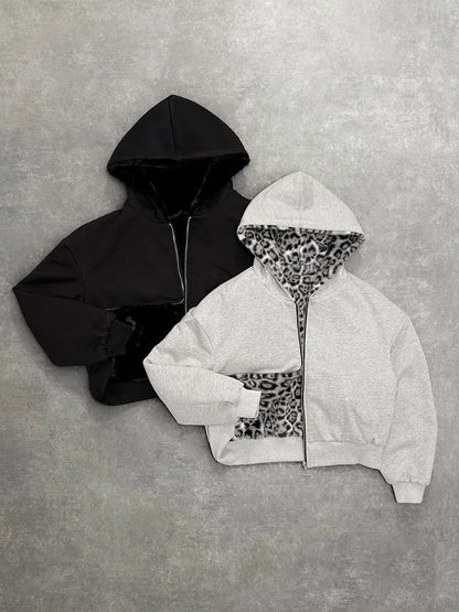 Oversized Gothic Harajuku Women Men autumn winter hoodie Coat Casual retro leopard print zipper hoodie loose personalized top