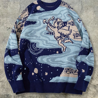 New Autumn And Winter Men'S Easy Casual American Retro Street Style Long-Sleeve Round Neck Pullover Knit Top with Cupid Starry Sky Print