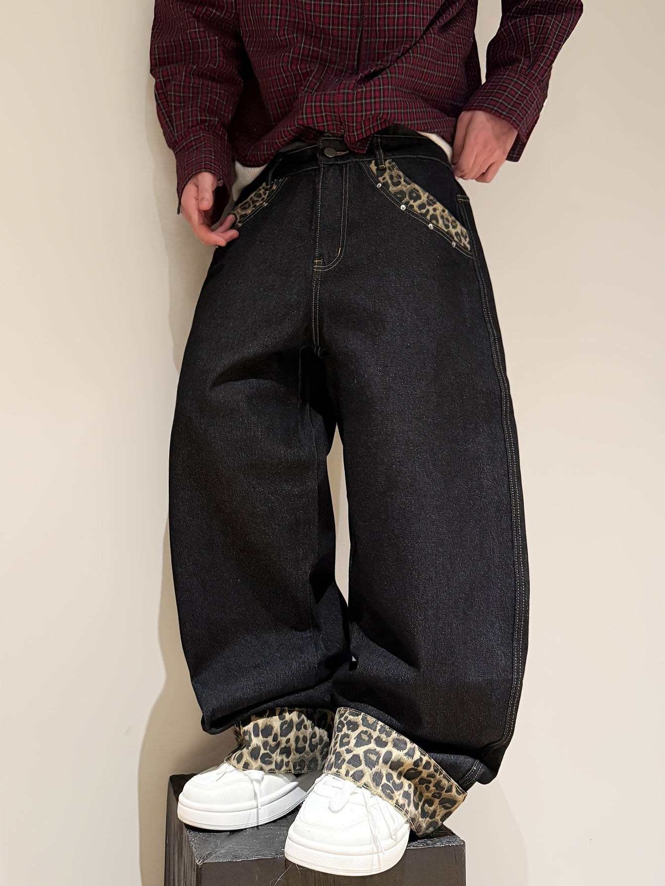 American Retro Style Leopard Print Cuffed Loose Denim Pants, Trendy Streetwear Black Wide-Leg Trousers for Men (Belt And Additions Not Included)