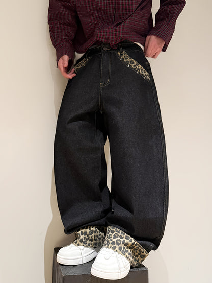American Retro Style Leopard Print Cuffed Loose Denim Pants, Trendy Streetwear Black Wide-Leg Trousers for Men (Belt And Additions Not Included)
