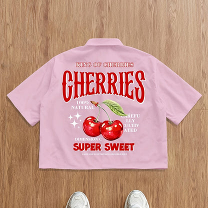 Men'S Short-Sleeve Casual Summer Shirt with Cherry Letter Design on The Back