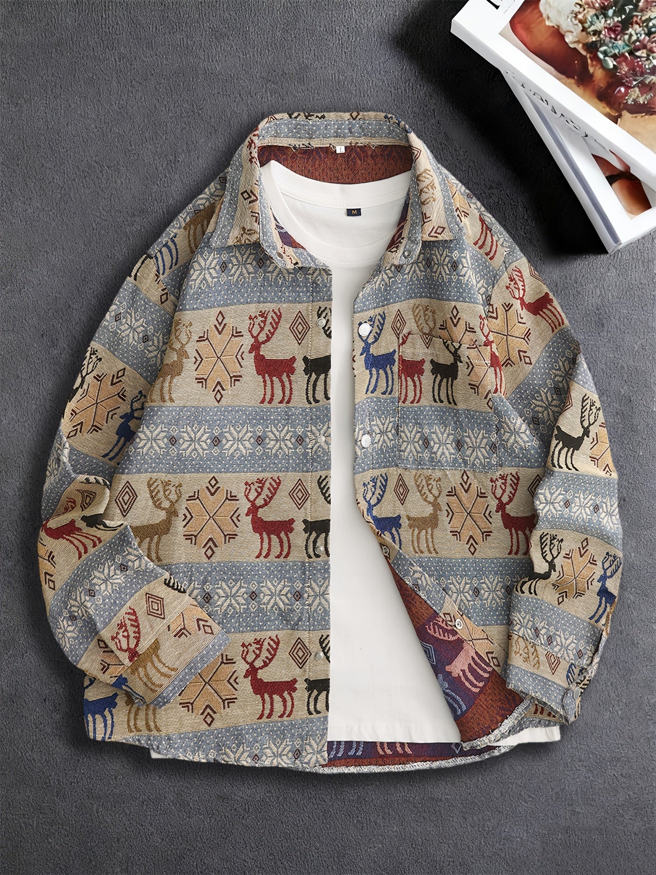 Men'S Vintage American Style Woven Bear Shirt Jacket, High-End Trendy Casual Shirt for Autumn
