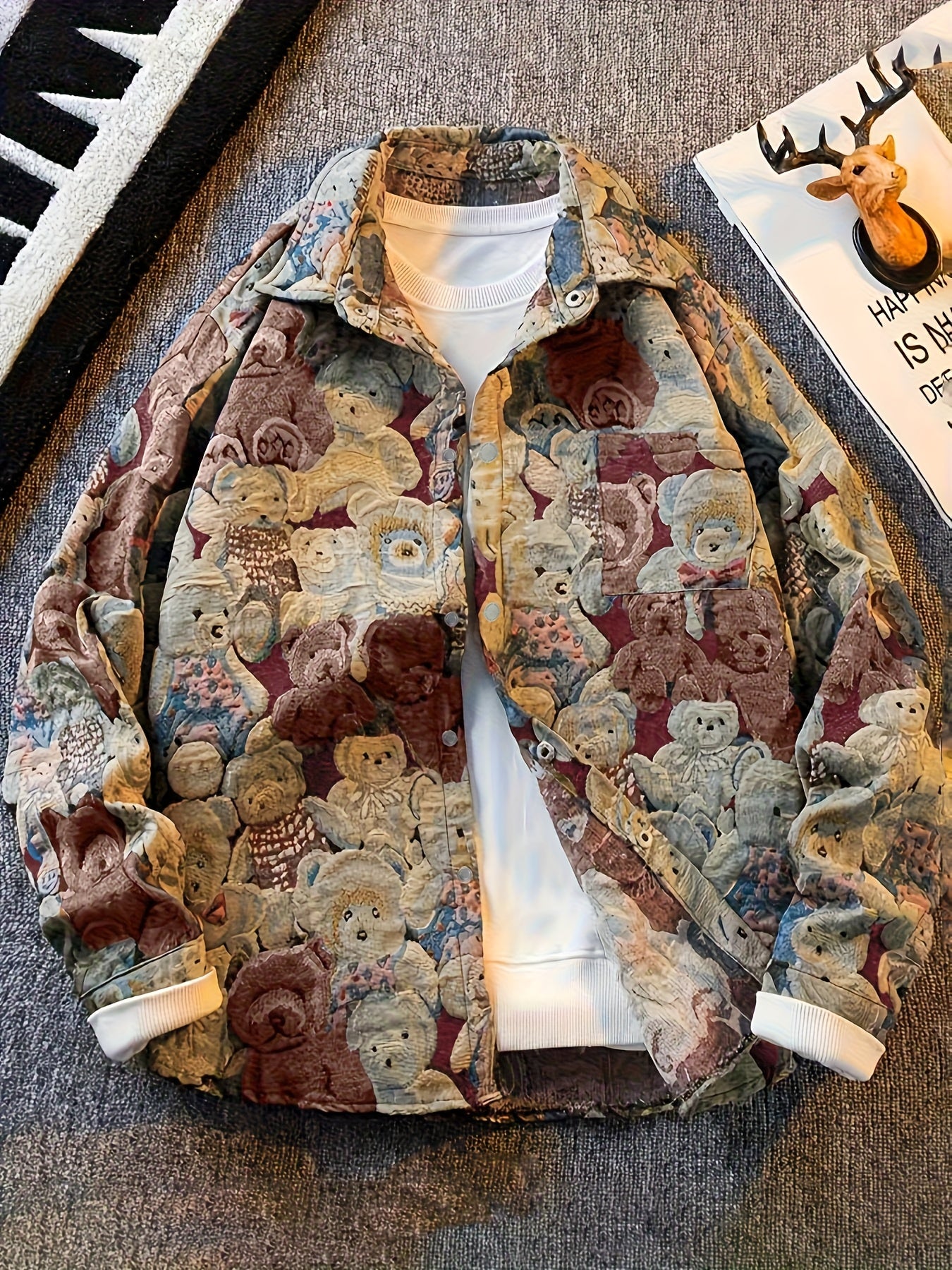 Men'S Vintage American Style Woven Bear Shirt Jacket, High-End Trendy Casual Shirt for Autumn