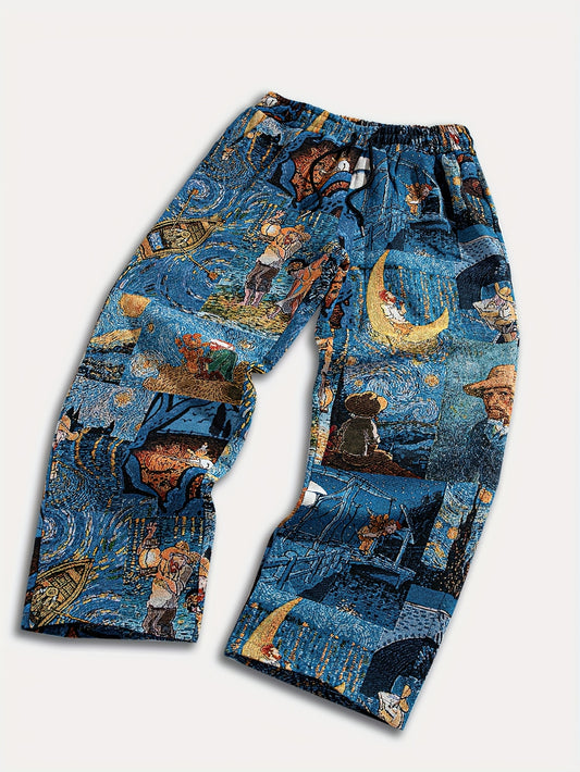 Men'S Casual Straight-Leg Pants with Drawstring Waist & Pockets - Non-Stretch Fabric, Loose Fit, All-Season Comfort, & Golden for galaxy Print