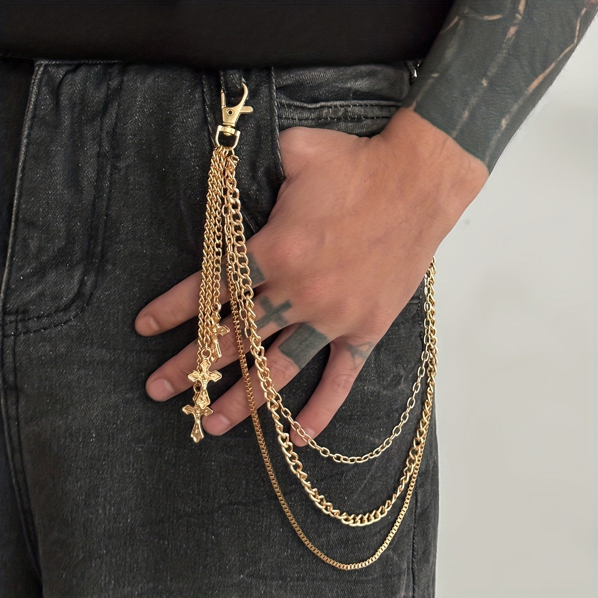 A Casual And Minimalist Style Cross Three-Layer Chain Pendant Pants Chain, Featuring a Trendy Retro Design Suitable for Everyday Parties, Making It a Versatile Gift for Men
