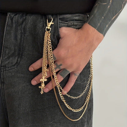 A Casual And Minimalist Style Cross Three-Layer Chain Pendant Pants Chain, Featuring a Trendy Retro Design Suitable for Everyday Parties, Making It a Versatile Gift for Men