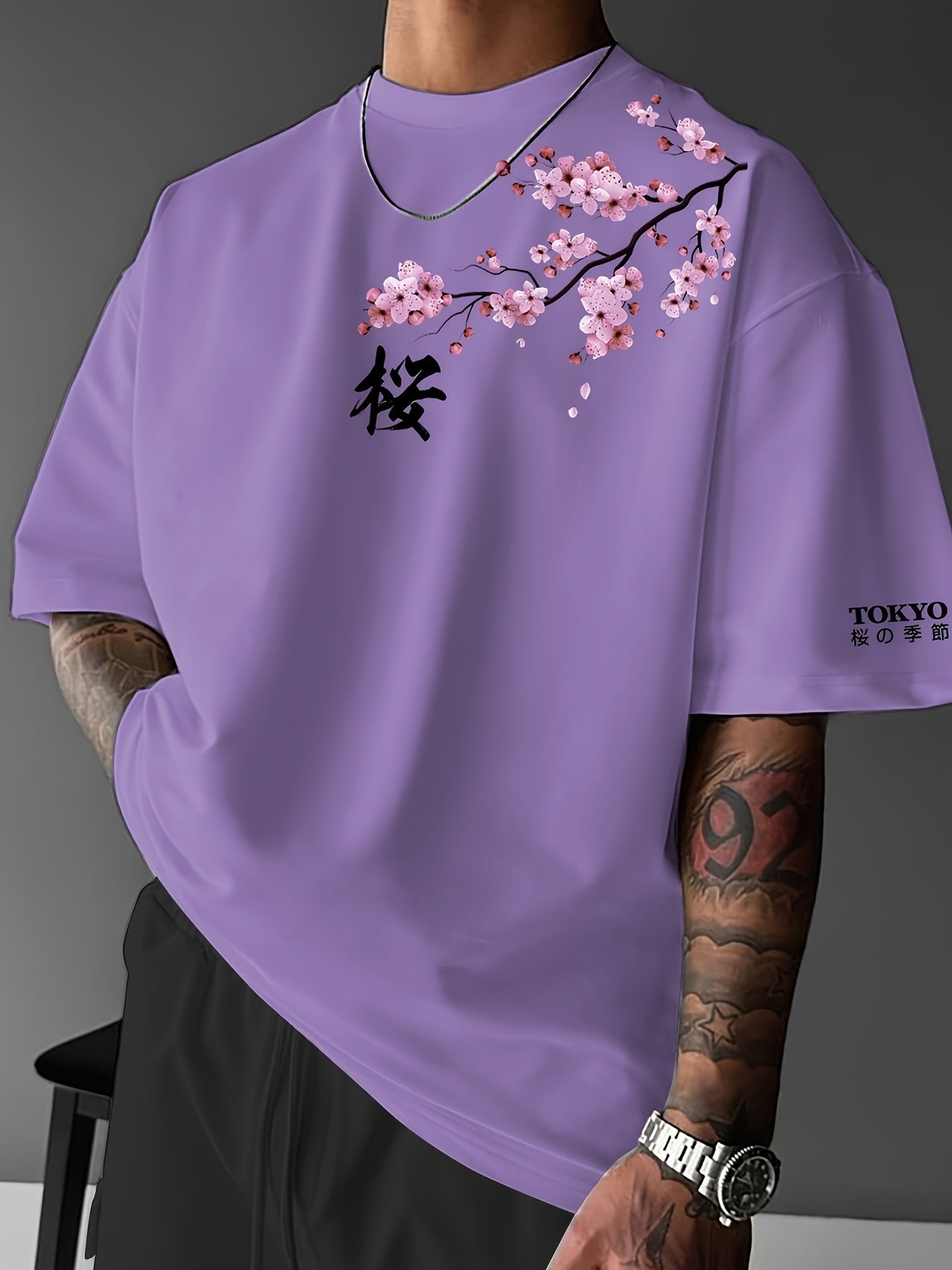 Cherry Blossoms, Japanese Elements, Men'S Fashion Print Street Casual Short-Sleeve T-Shirt, Comfortable Round-Neck Top for Spring And Summer