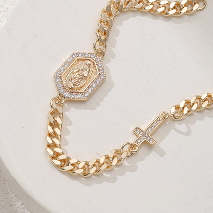 Vintage And Elegant 14K Gold-Plated Religious Bracelet Inlaid with Cubic Zirconia, Unisex Fashion Jewelry, Suitable for Daily Prayer, Self-Salvation Meditation. Daily Wear, Gifts, Parties, Christmas, Halloween, Jewelry Additi