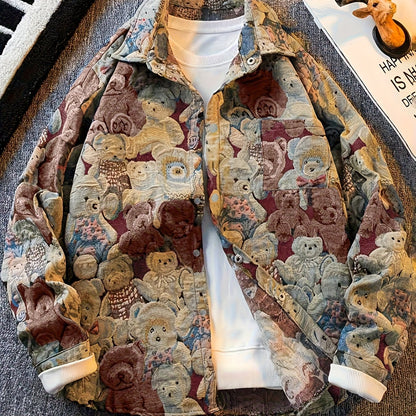 Men'S Vintage American Style Woven Bear Shirt Jacket, High-End Trendy Casual Shirt for Autumn