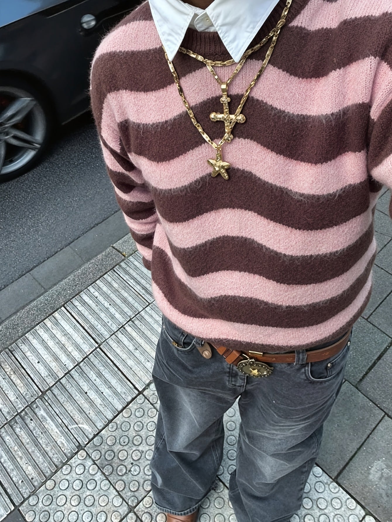 Autumn/Winter New Arrival Fabric Men's Unisex Style Long Sleeve Crew Neck Striped Drop Shoulder High Street Style Pullover Knit Top