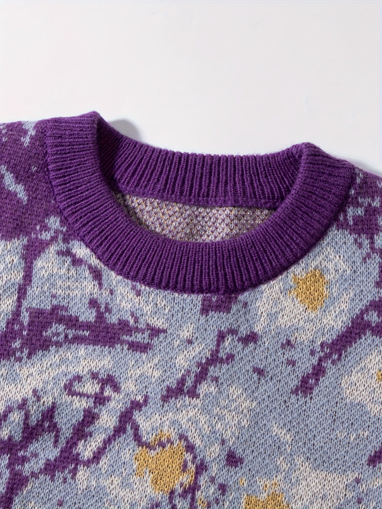 New Spring/Autumn/Winter Men's Casual Loose-Fit Fashionable Irregular Branch Abstract Jacquard Pattern Purple Long-Sleeve Sweater, Unisex Crew Neck Pullover Versatile Knit Top