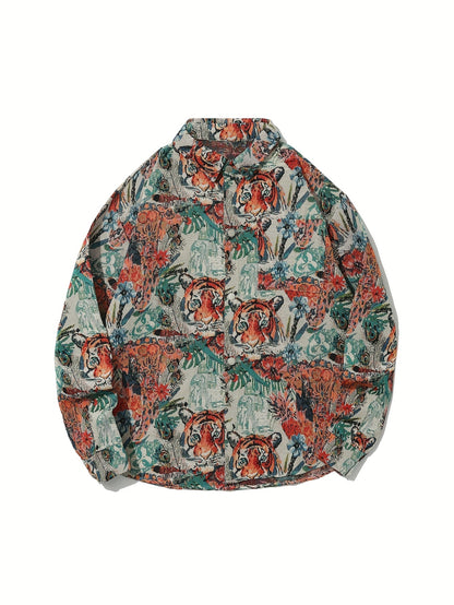 Men'S Vintage American Style Woven Bear Shirt Jacket, High-End Trendy Casual Shirt for Autumn