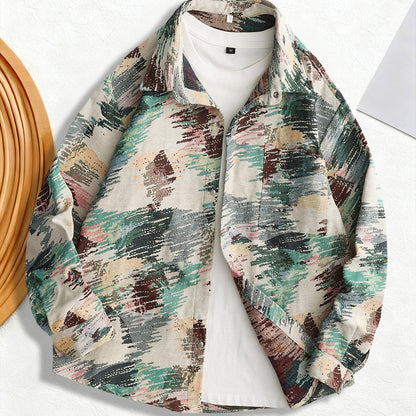 Woven Jacquard Vintage Men'S American Style Van Gogh Oil Painting Long Sleeve Shirt for Art Students